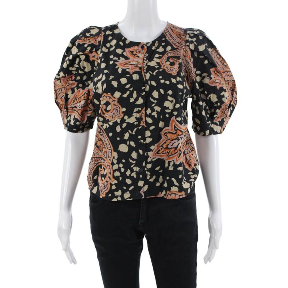 Who Wore What Women Black Paisley Cotton Crew Neck Short Sleeve Blouse Size S